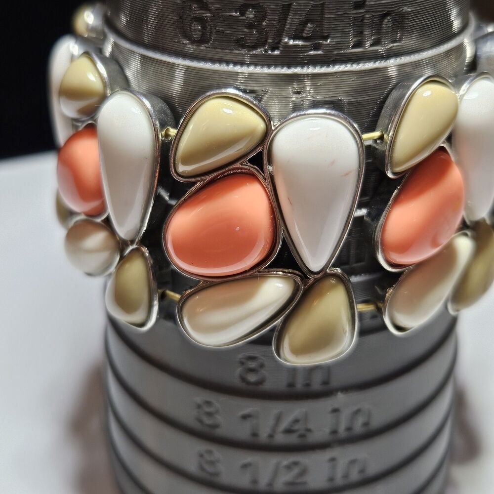 Silver Tone Chunky Pink Tan White Bead Stretch Bracelet 7.5" - Picture 8 of 12
